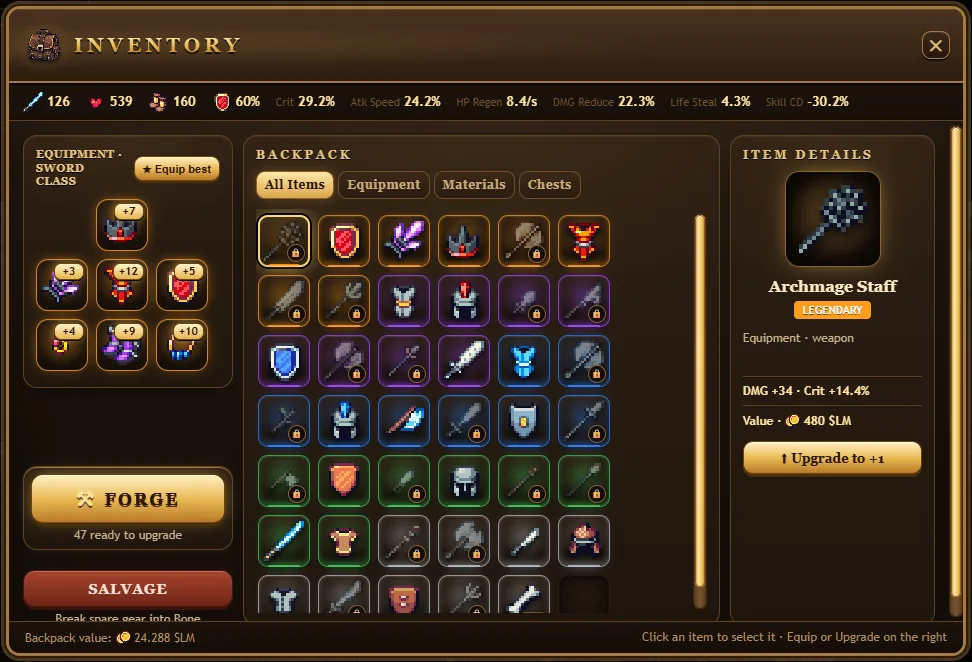 The Inventory with equipment and backpack