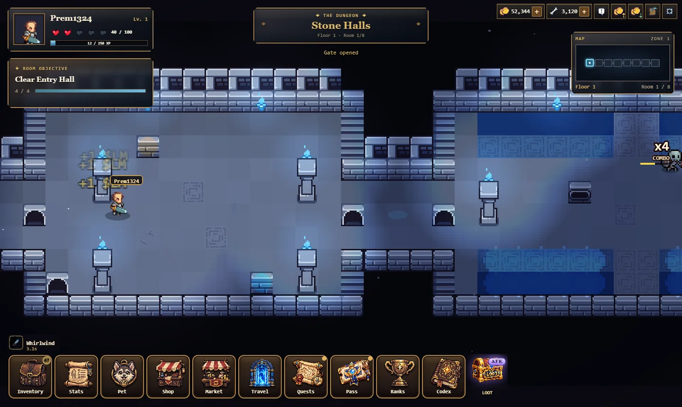 The hero fighting in the dungeon with the game HUD